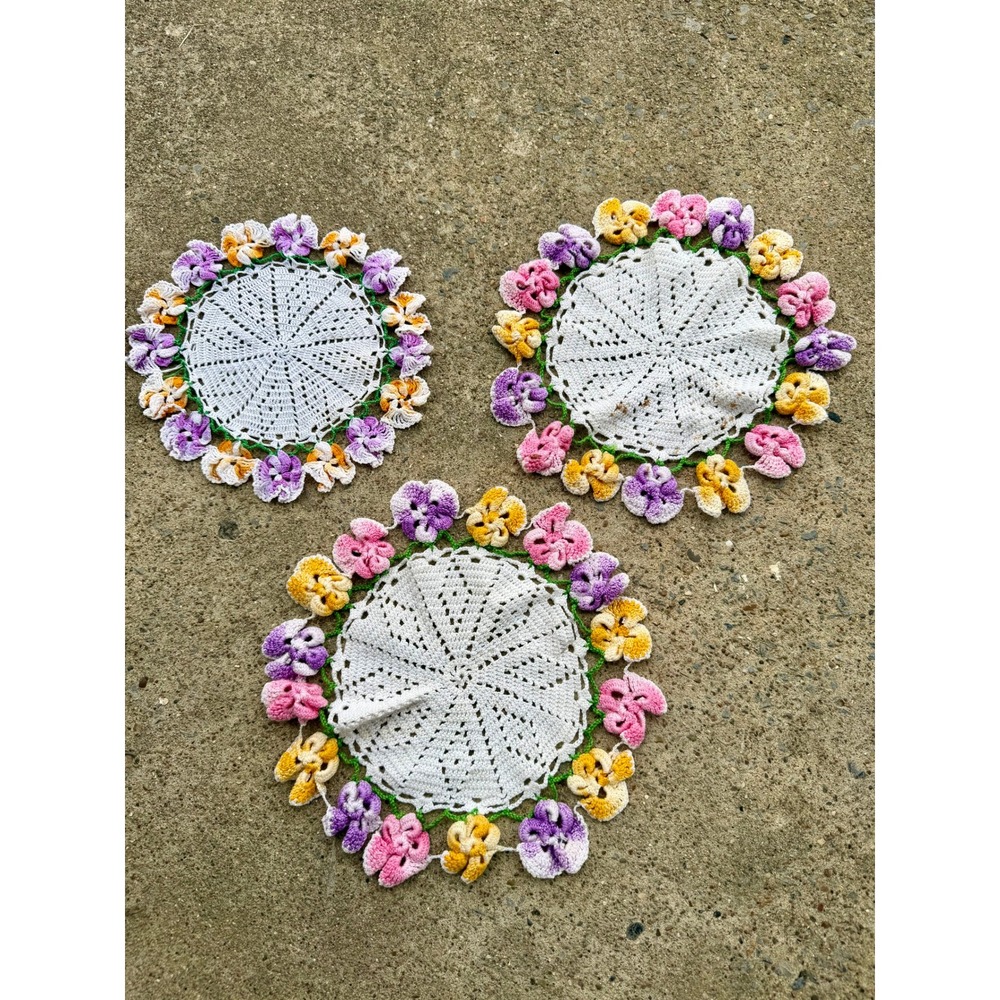 Vintage Handmade Crochet Pansy Doilies Set of 3 Floral Lace Table Linens